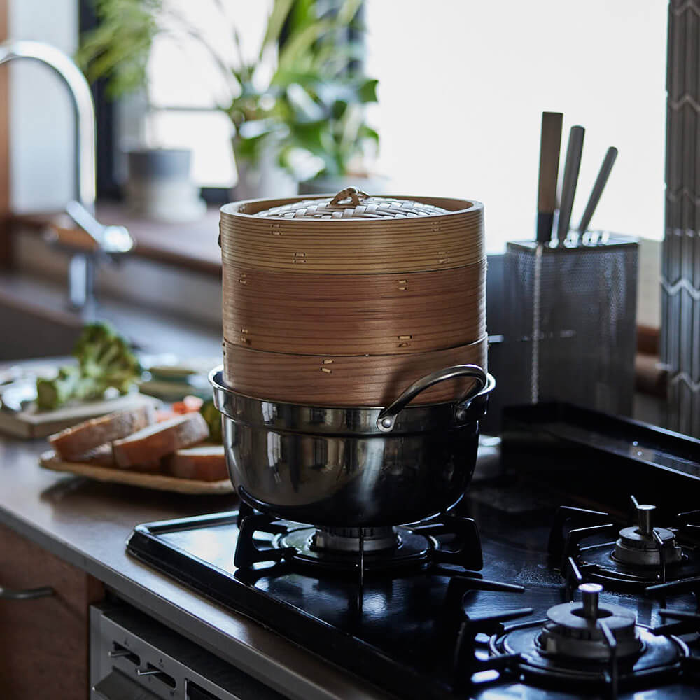 かごや ステンレス鍋セット 18cm 中華せいろ ２段　シュロたわし付 ステンレス鍋セット 18cm 杉中華せいろ 2段 ｜のレン神楽坂【公式通販